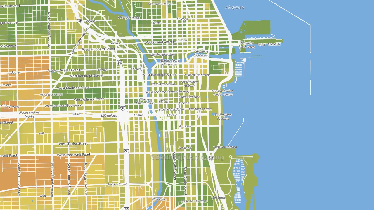 Map of the best neighborhoods in the 60604 area, with better matches in green and worse matches in red