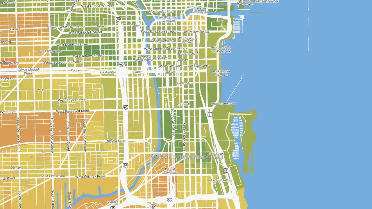 Map of the best neighborhoods in the 60605 area, with better matches in green and worse matches in red