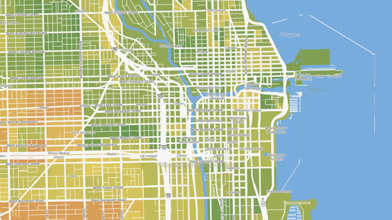 Map of the best neighborhoods in the 60606 area, with better matches in green and worse matches in red