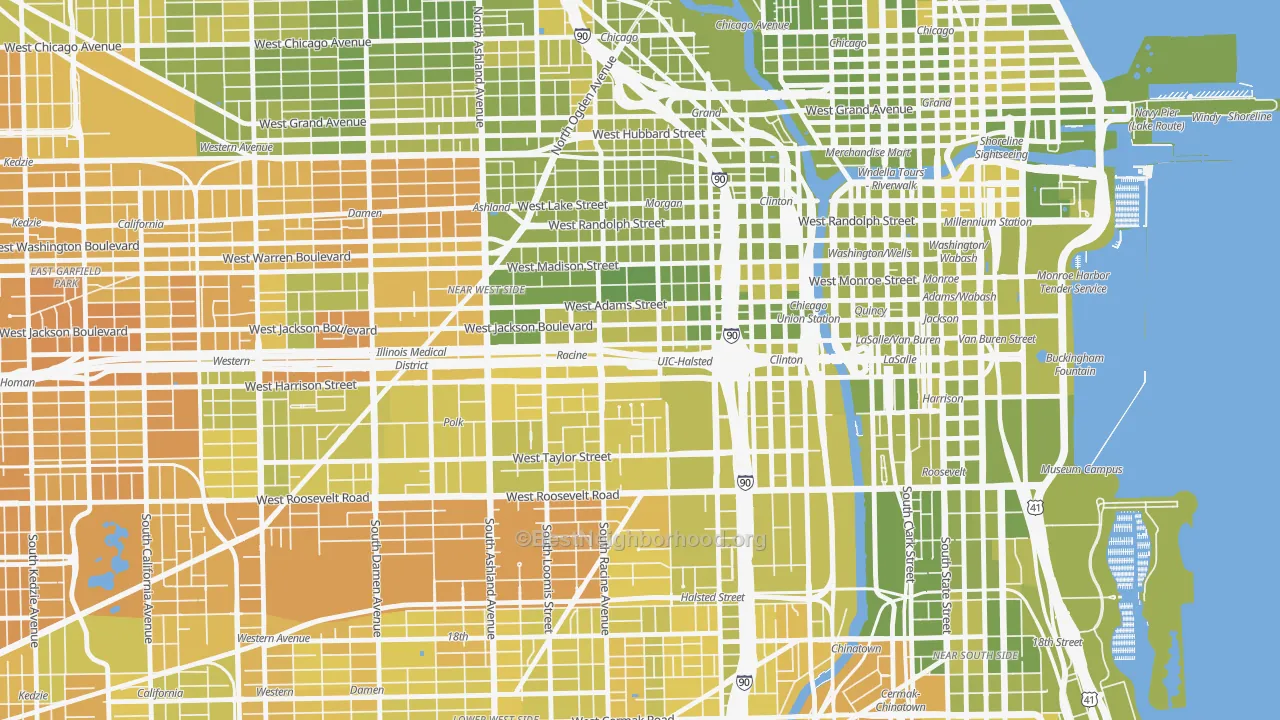 Map of the best neighborhoods in the 60607 area, with better matches in green and worse matches in red