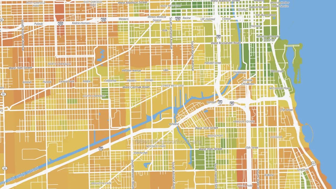 Map of the best neighborhoods in the 60608 area, with better matches in green and worse matches in red