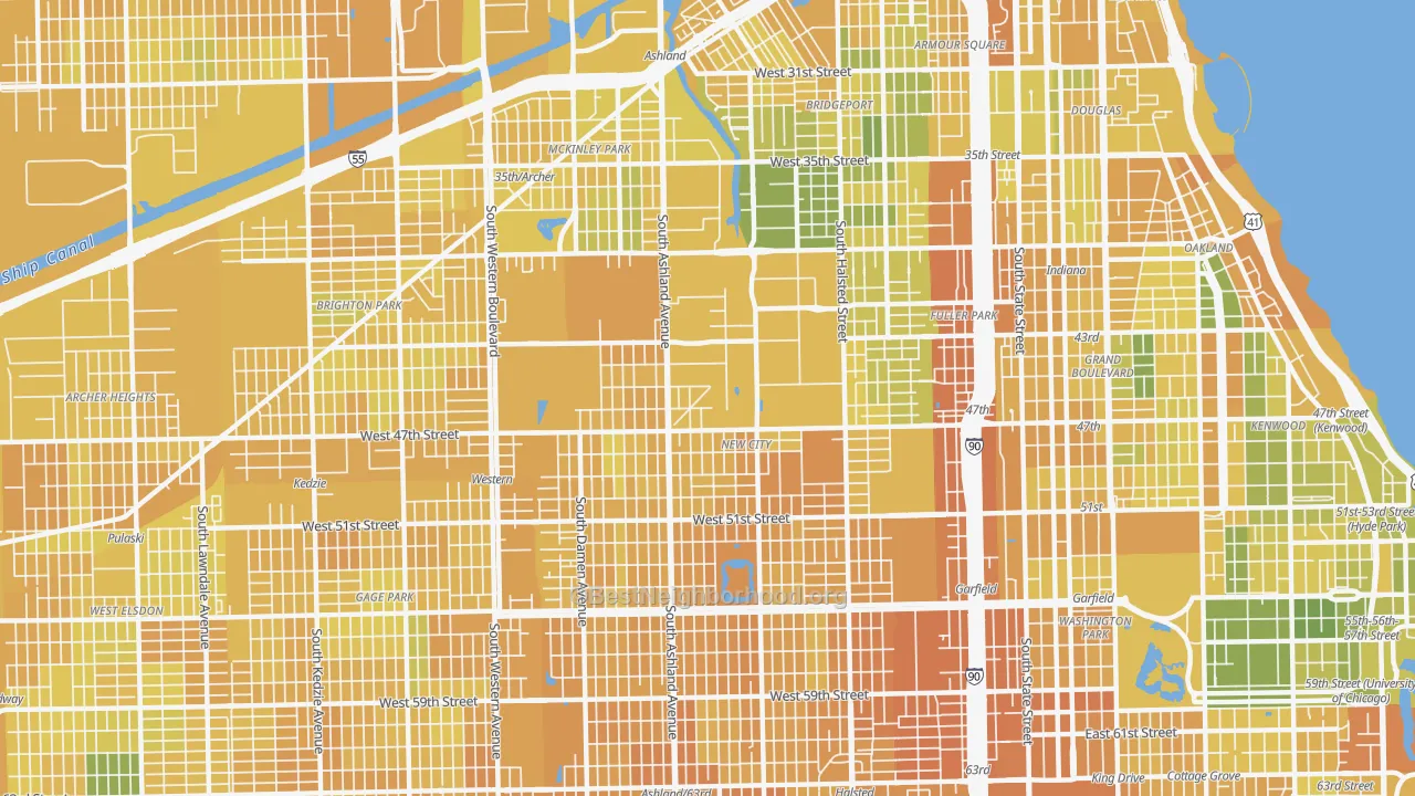 Map of the best neighborhoods in the 60609 area, with better matches in green and worse matches in red