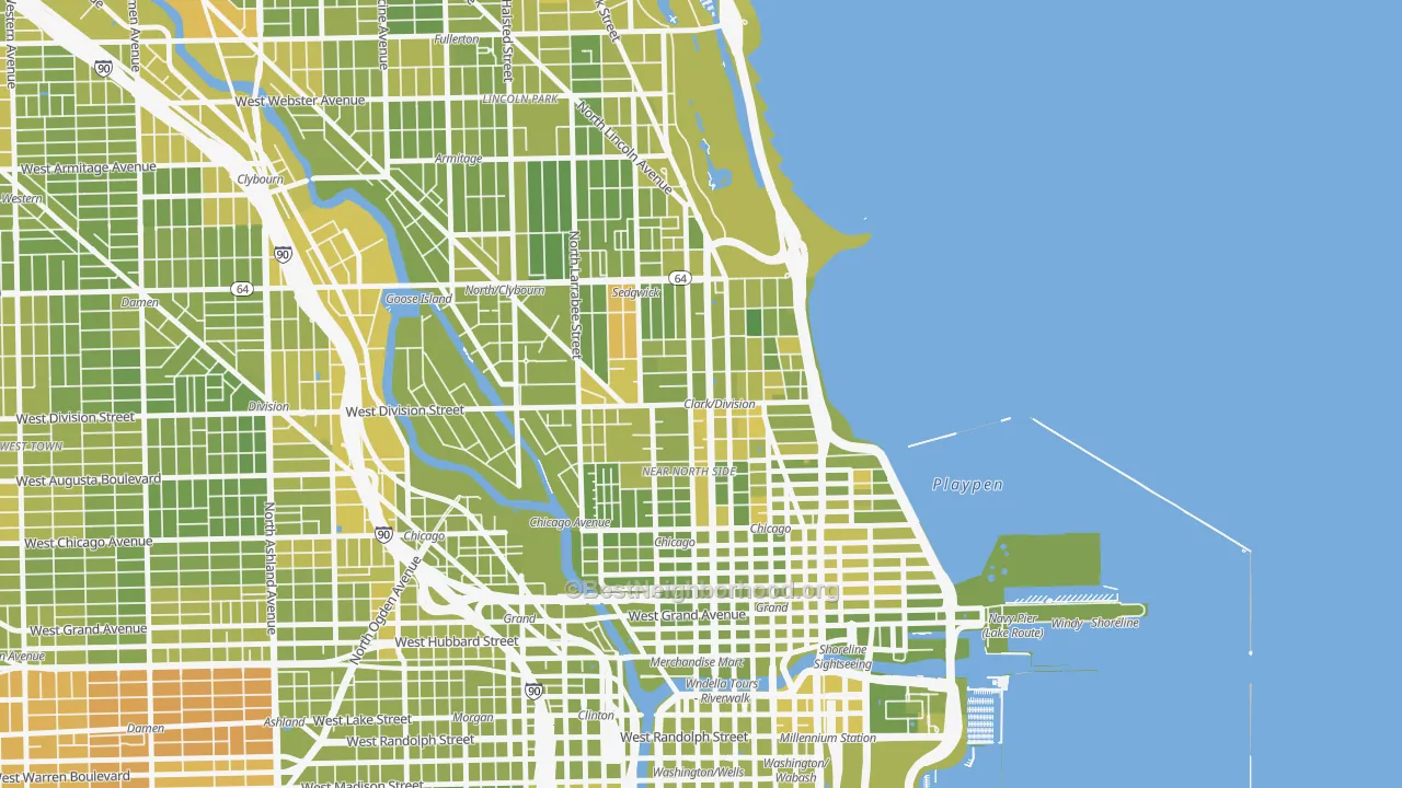 Map of the best neighborhoods in the 60610 area, with better matches in green and worse matches in red