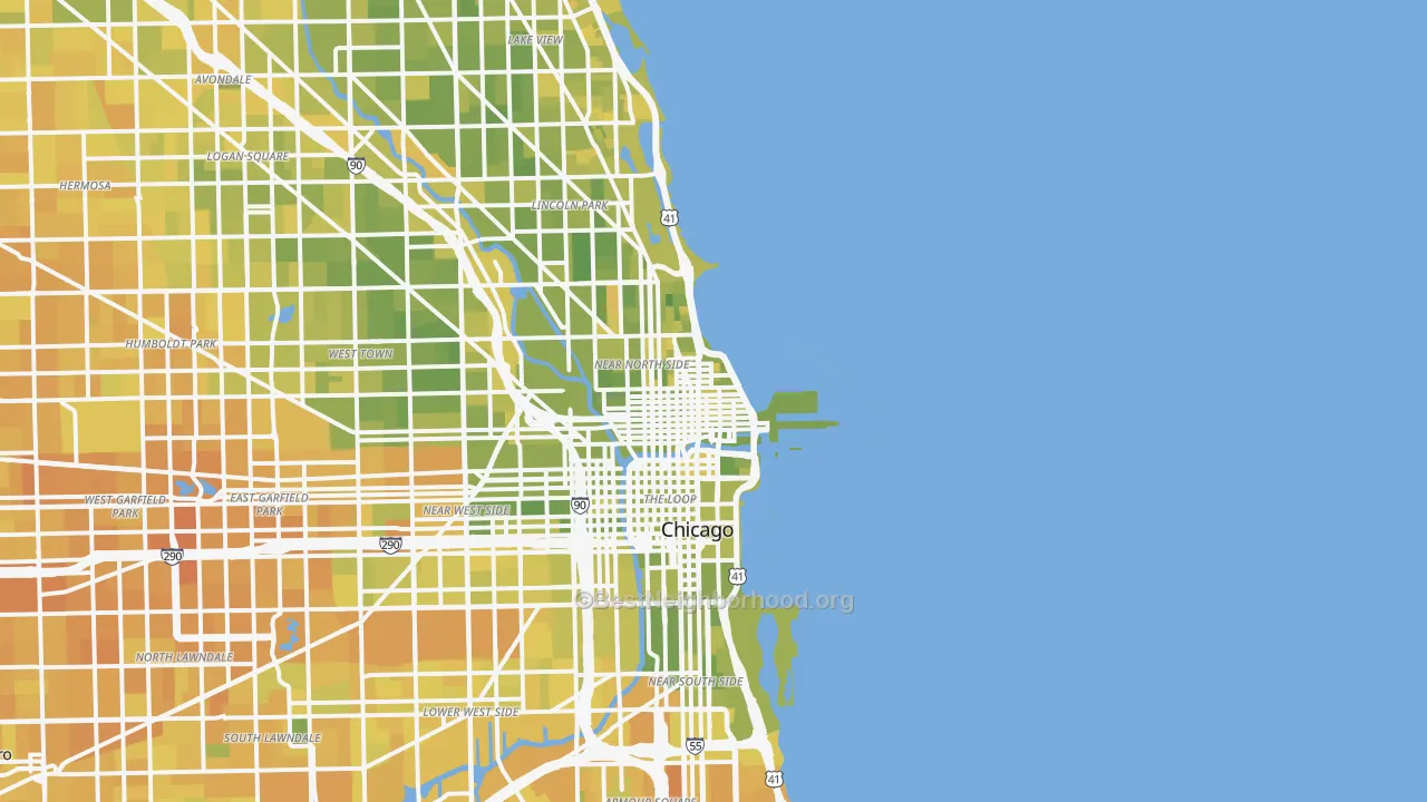Map of the best neighborhoods in the 60611 area, with better matches in green and worse matches in red