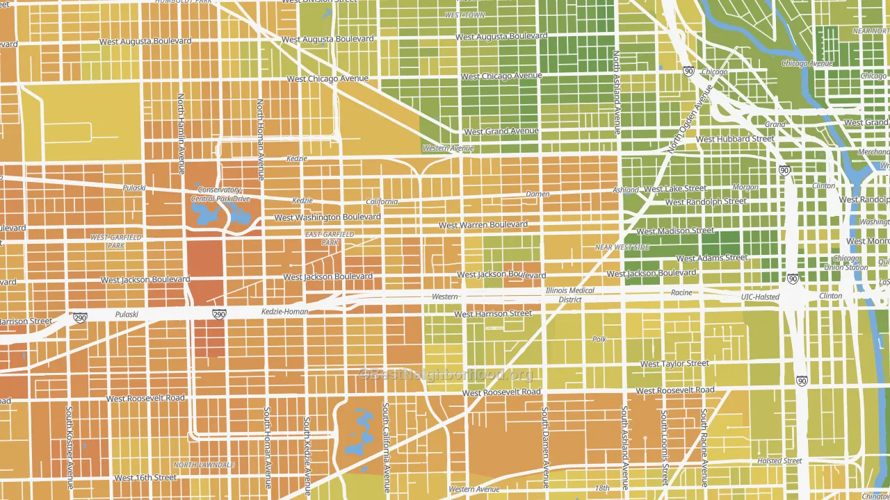 Map of the best neighborhoods in the 60612 area, with better matches in green and worse matches in red