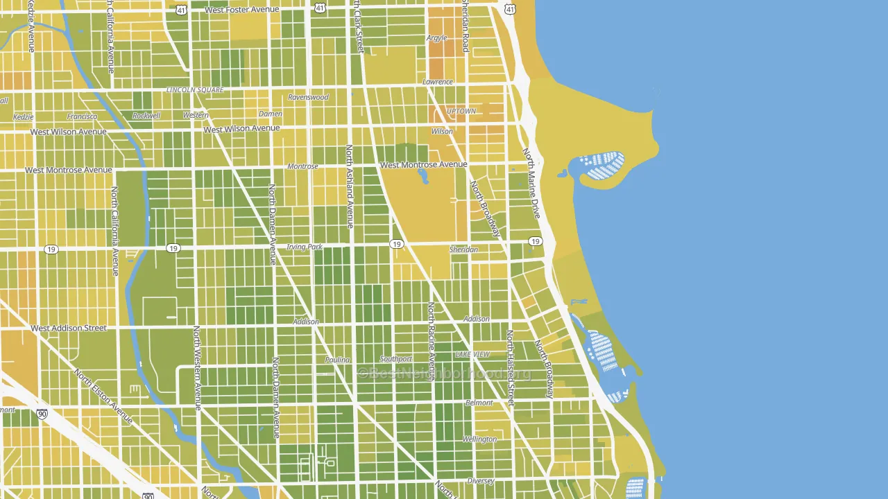 Map of the best neighborhoods in the 60613 area, with better matches in green and worse matches in red