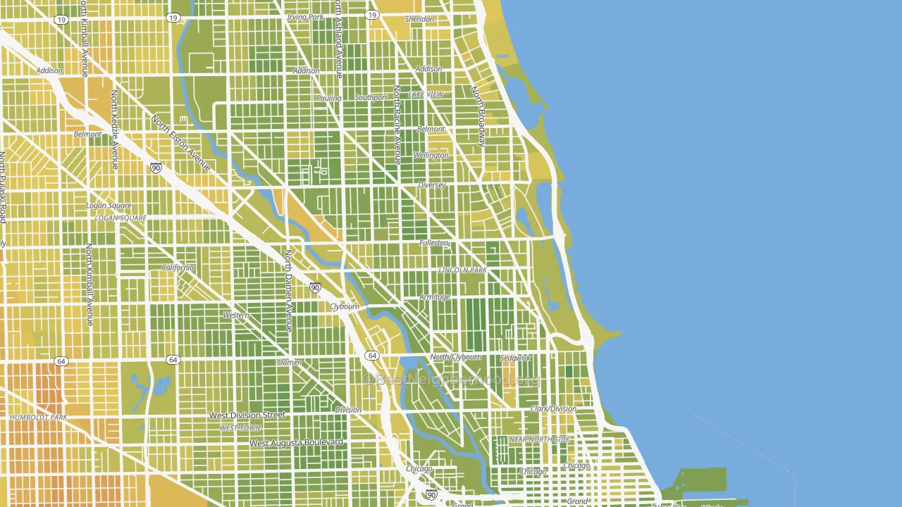 Map of the best neighborhoods in the 60614 area, with better matches in green and worse matches in red