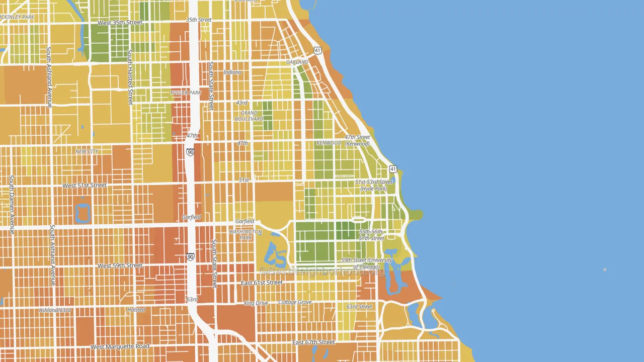 Map of the best neighborhoods in the 60615 area, with better matches in green and worse matches in red