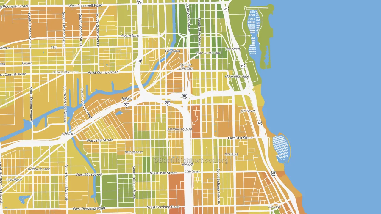 Map of the best neighborhoods in the 60616 area, with better matches in green and worse matches in red