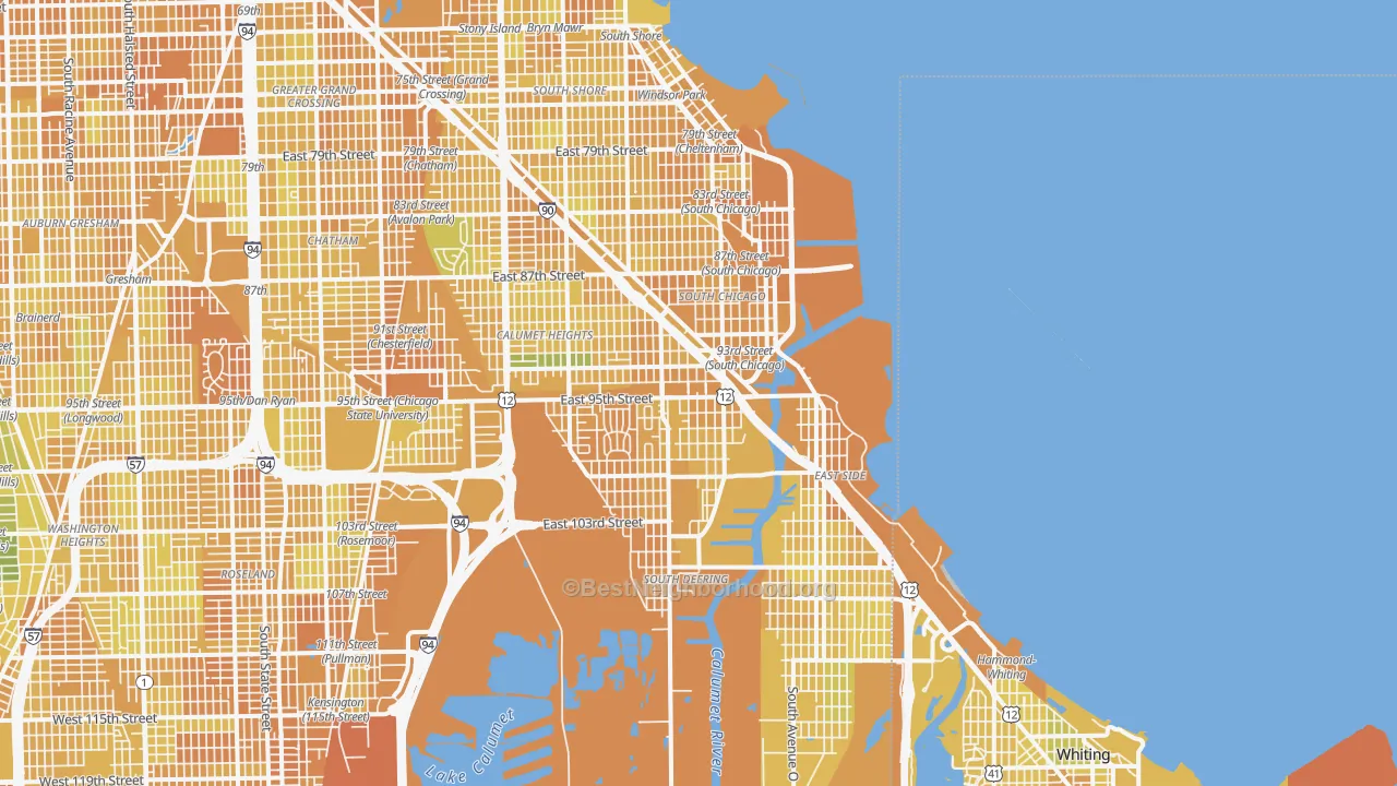 Map of the best neighborhoods in the 60617 area, with better matches in green and worse matches in red