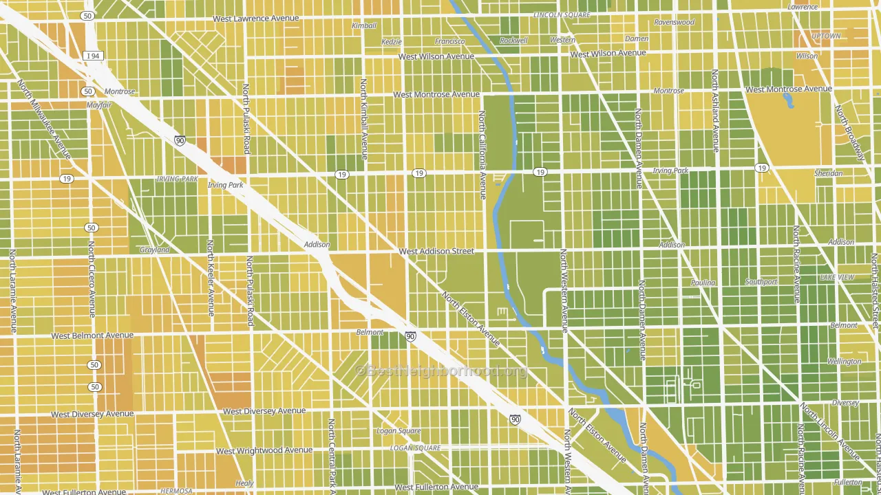 Map of the best neighborhoods in the 60618 area, with better matches in green and worse matches in red
