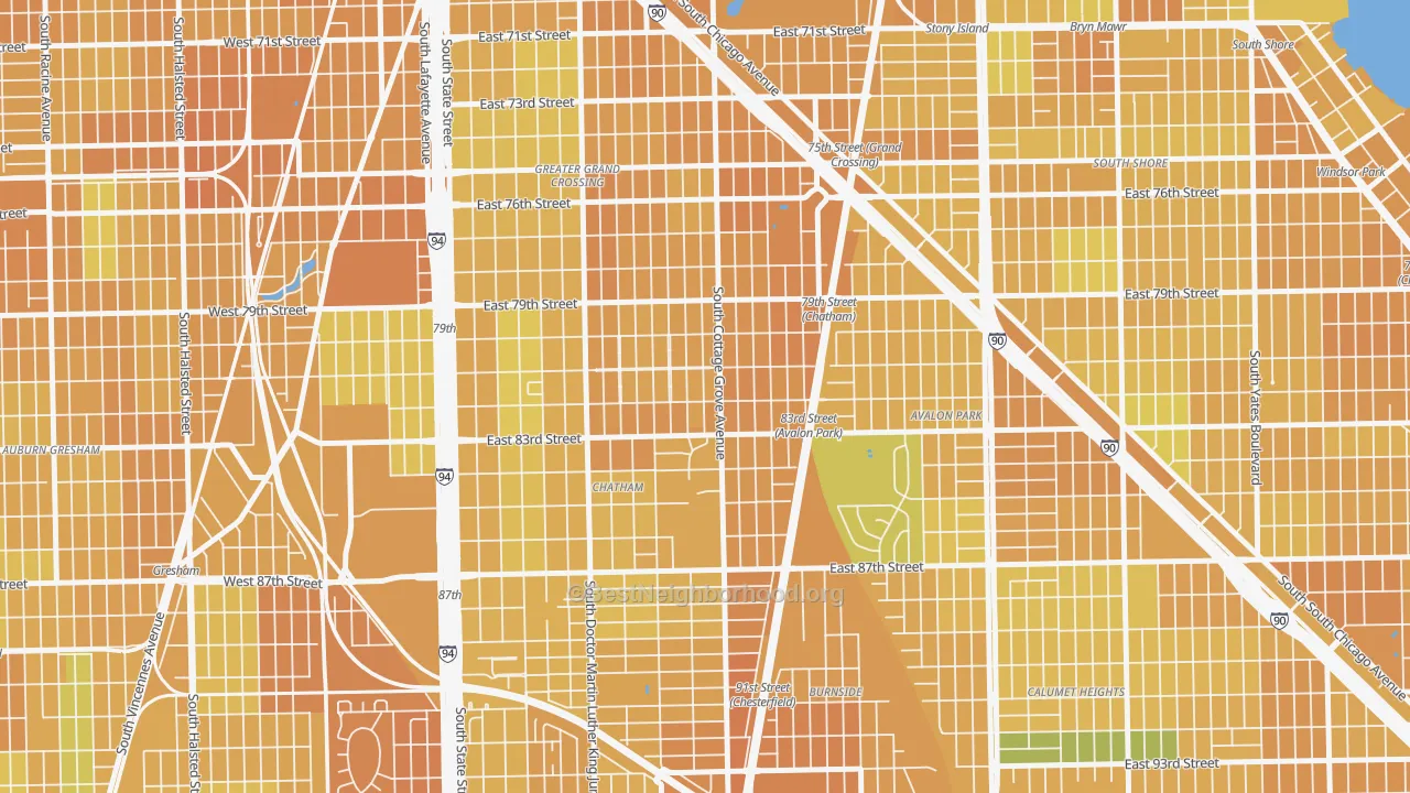 Map of the best neighborhoods in the 60619 area, with better matches in green and worse matches in red