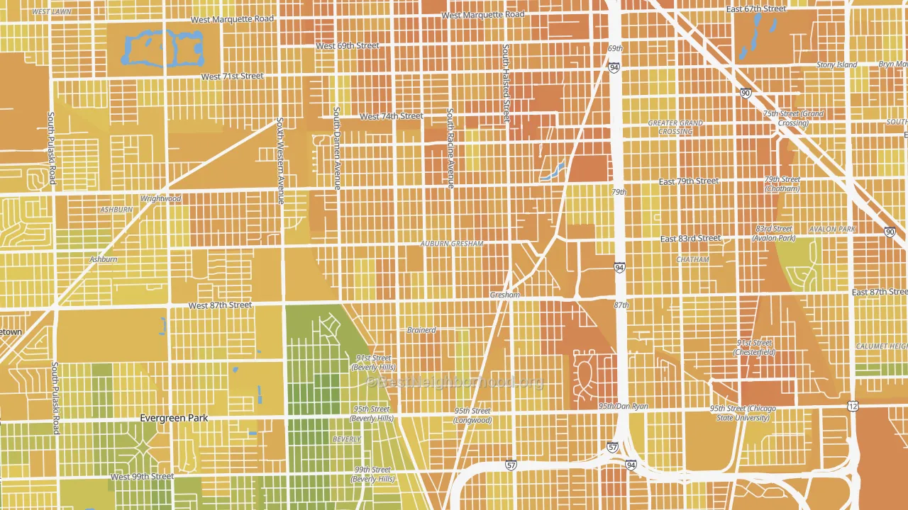 Map of the best neighborhoods in the 60620 area, with better matches in green and worse matches in red