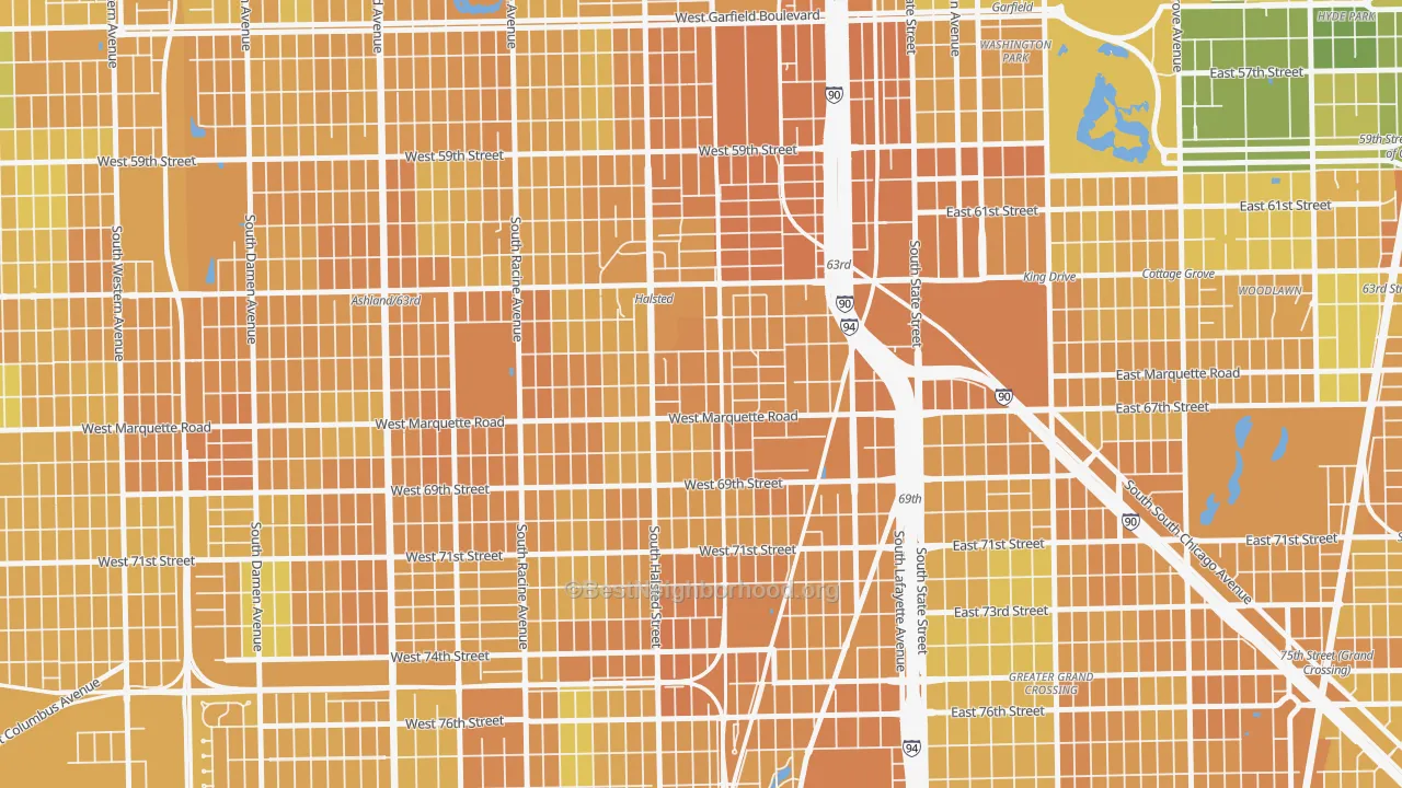 Map of the best neighborhoods in the 60621 area, with better matches in green and worse matches in red