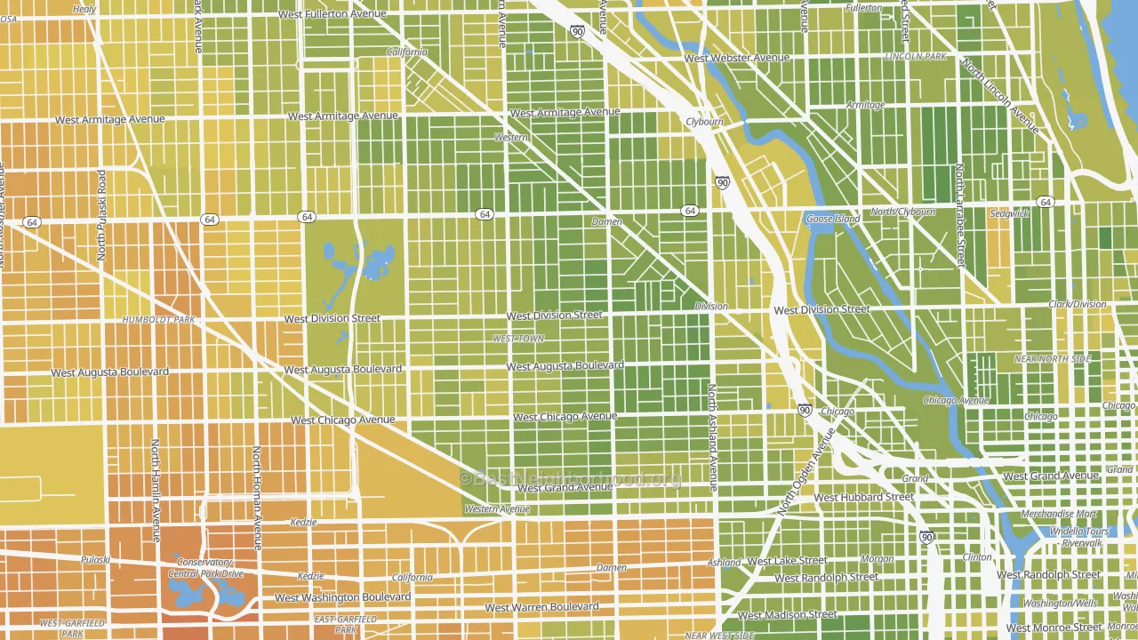 Map of the best neighborhoods in the 60622 area, with better matches in green and worse matches in red