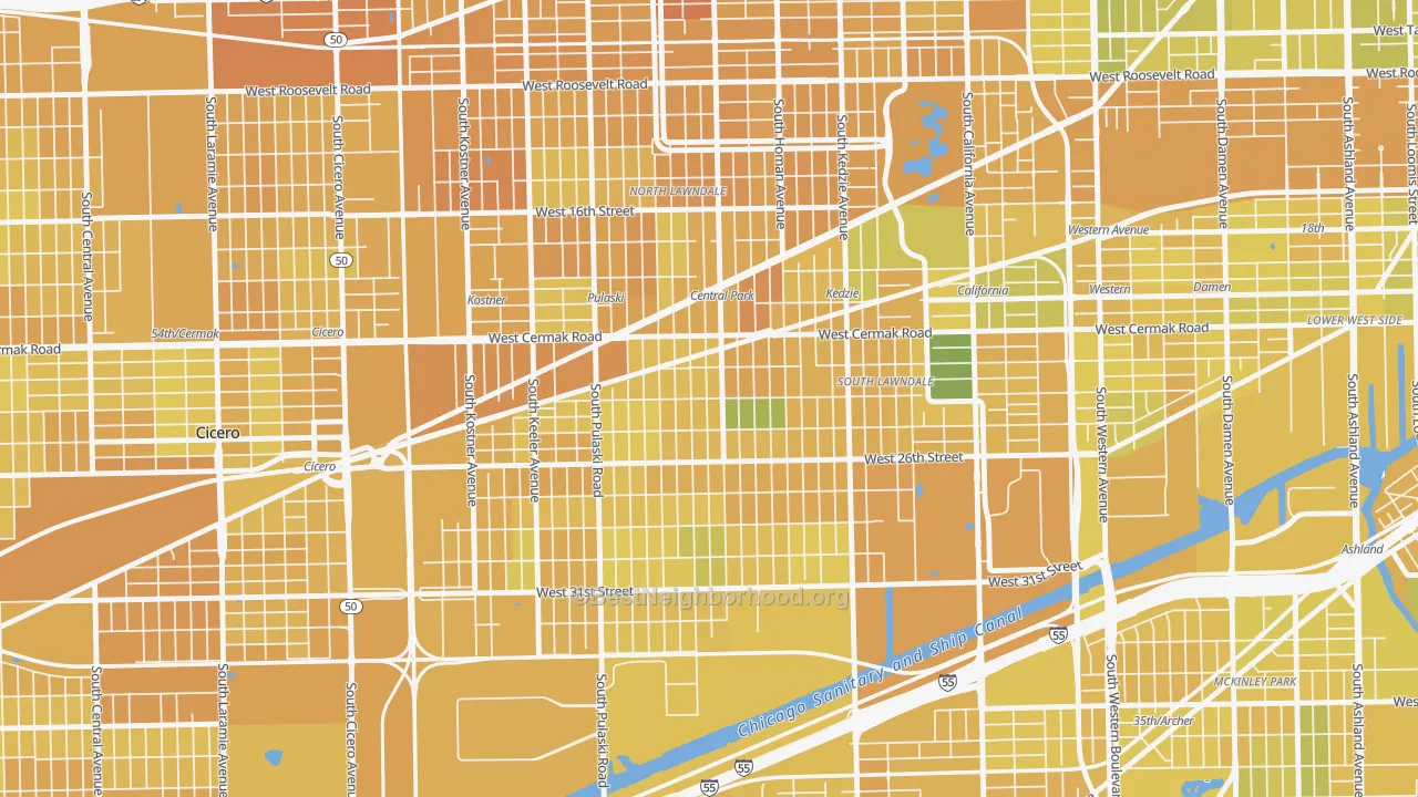 Map of the best neighborhoods in the 60623 area, with better matches in green and worse matches in red