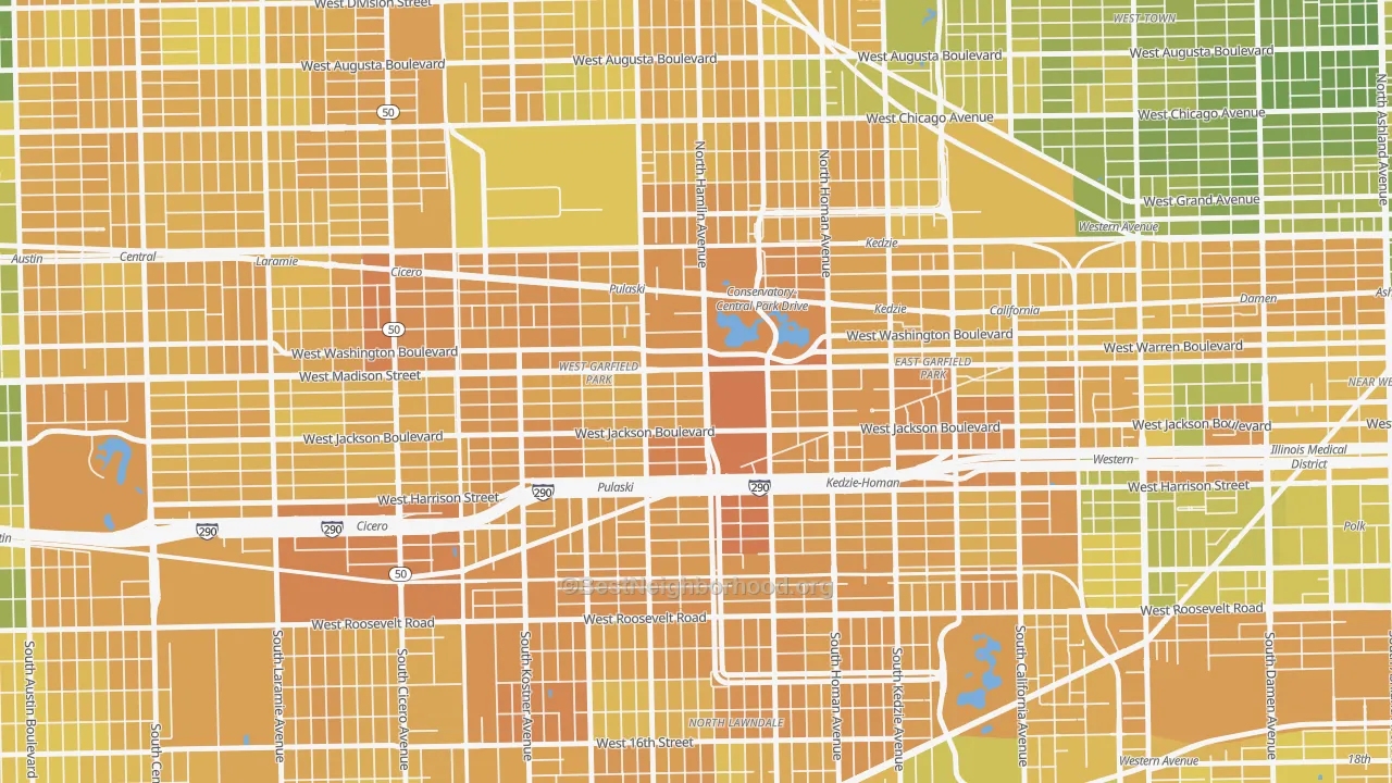 Map of the best neighborhoods in the 60624 area, with better matches in green and worse matches in red