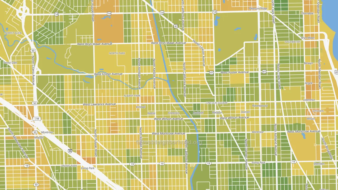 Map of the best neighborhoods in the 60625 area, with better matches in green and worse matches in red