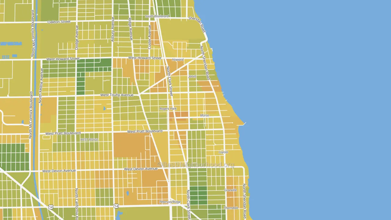 Map of the best neighborhoods in the 60626 area, with better matches in green and worse matches in red