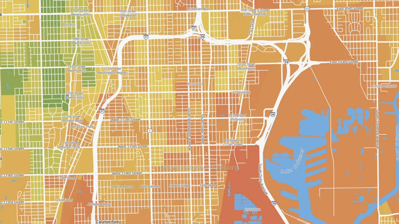 Map of the best neighborhoods in the 60628 area, with better matches in green and worse matches in red