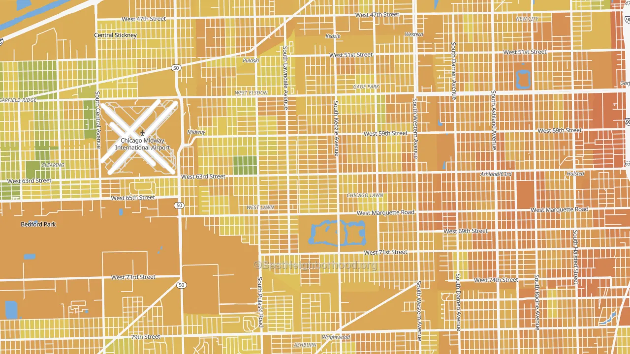 Map of the best neighborhoods in the 60629 area, with better matches in green and worse matches in red