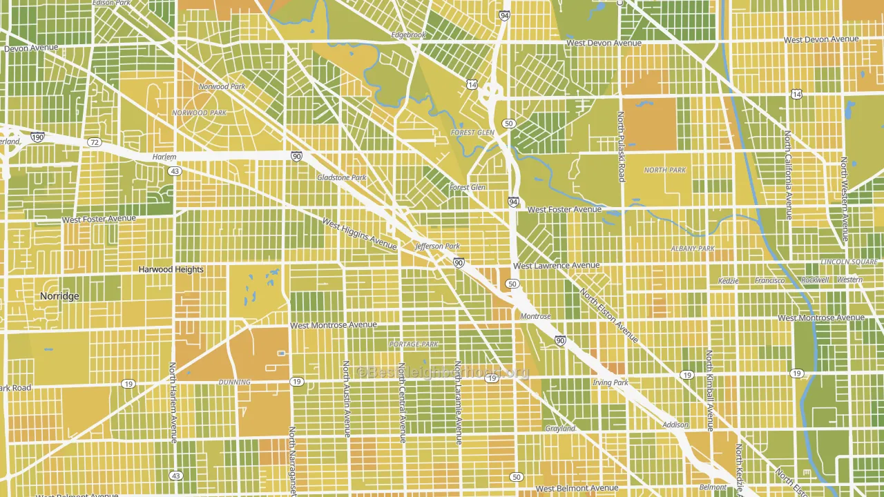 Map of the best neighborhoods in the 60630 area, with better matches in green and worse matches in red