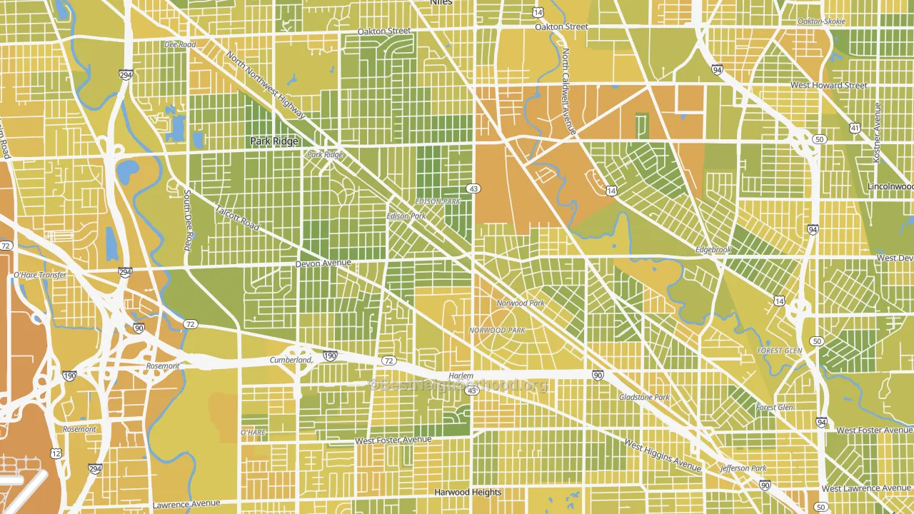 Map of the best neighborhoods in the 60631 area, with better matches in green and worse matches in red