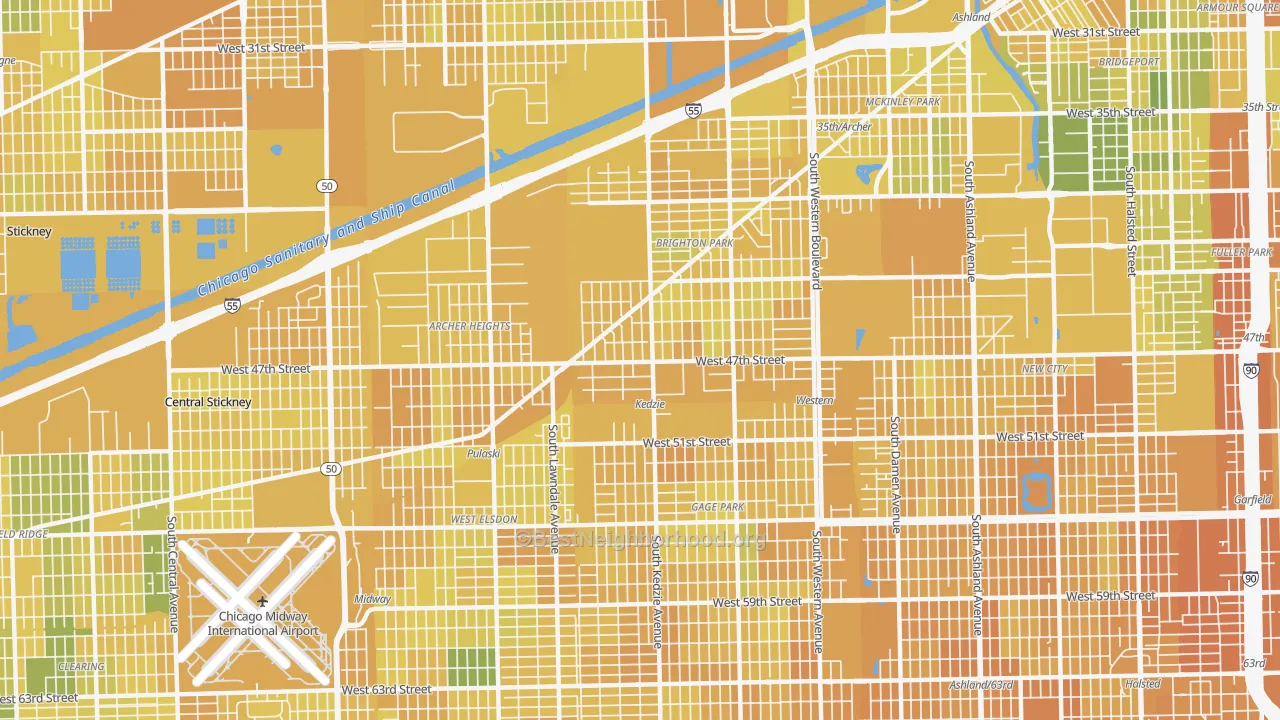 Map of the best neighborhoods in the 60632 area, with better matches in green and worse matches in red