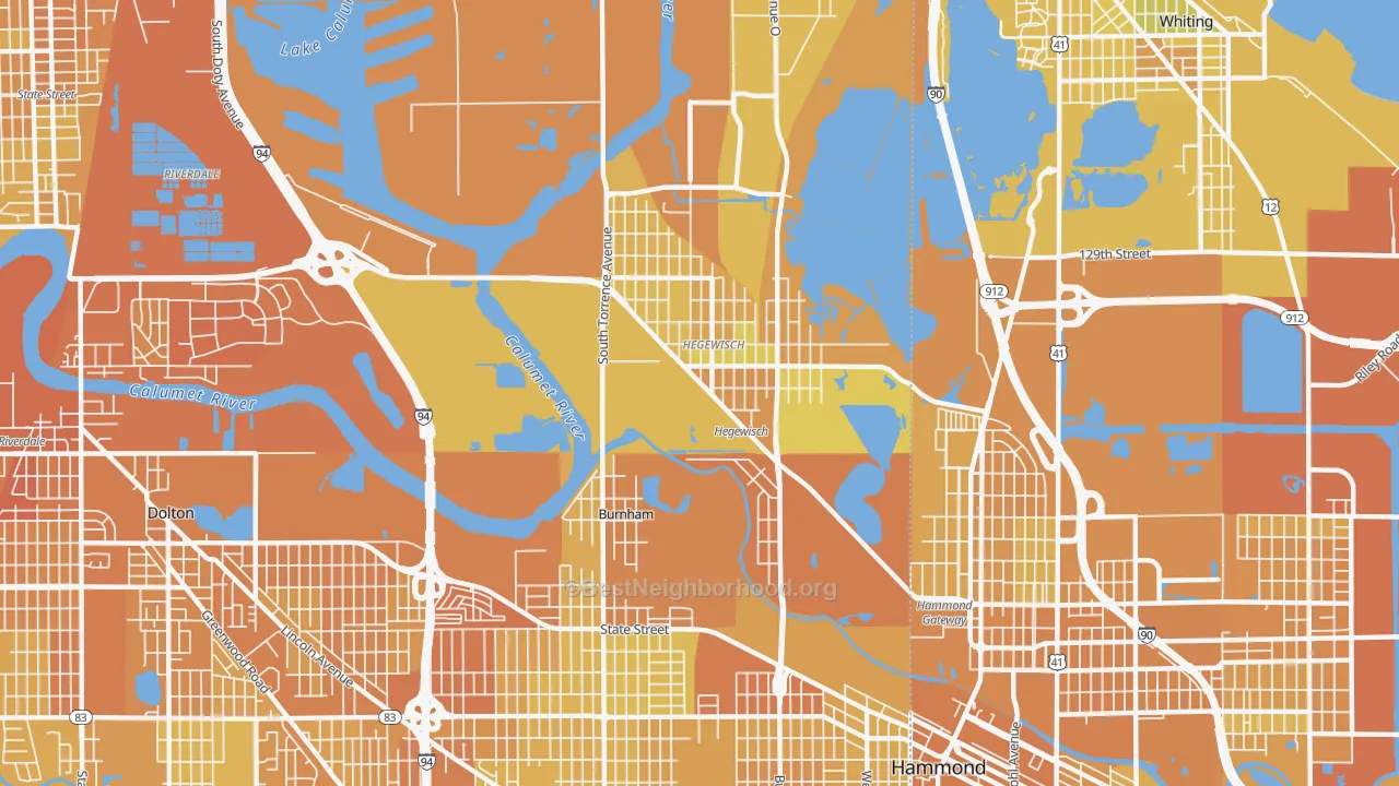 Map of the best neighborhoods in the 60633 area, with better matches in green and worse matches in red