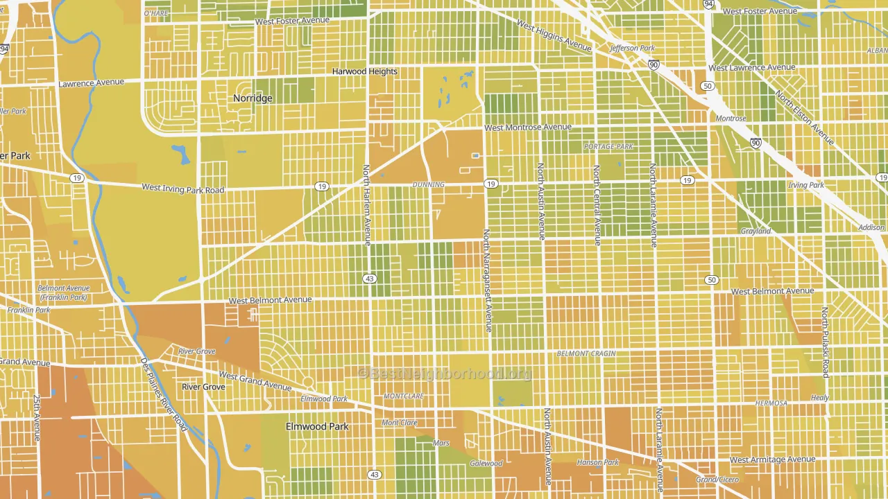 Map of the best neighborhoods in the 60634 area, with better matches in green and worse matches in red