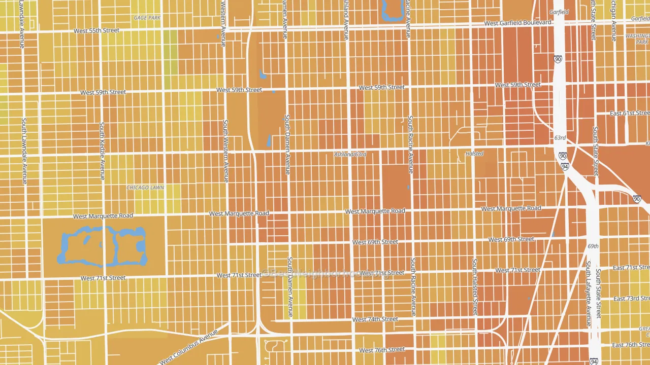 Map of the best neighborhoods in the 60636 area, with better matches in green and worse matches in red