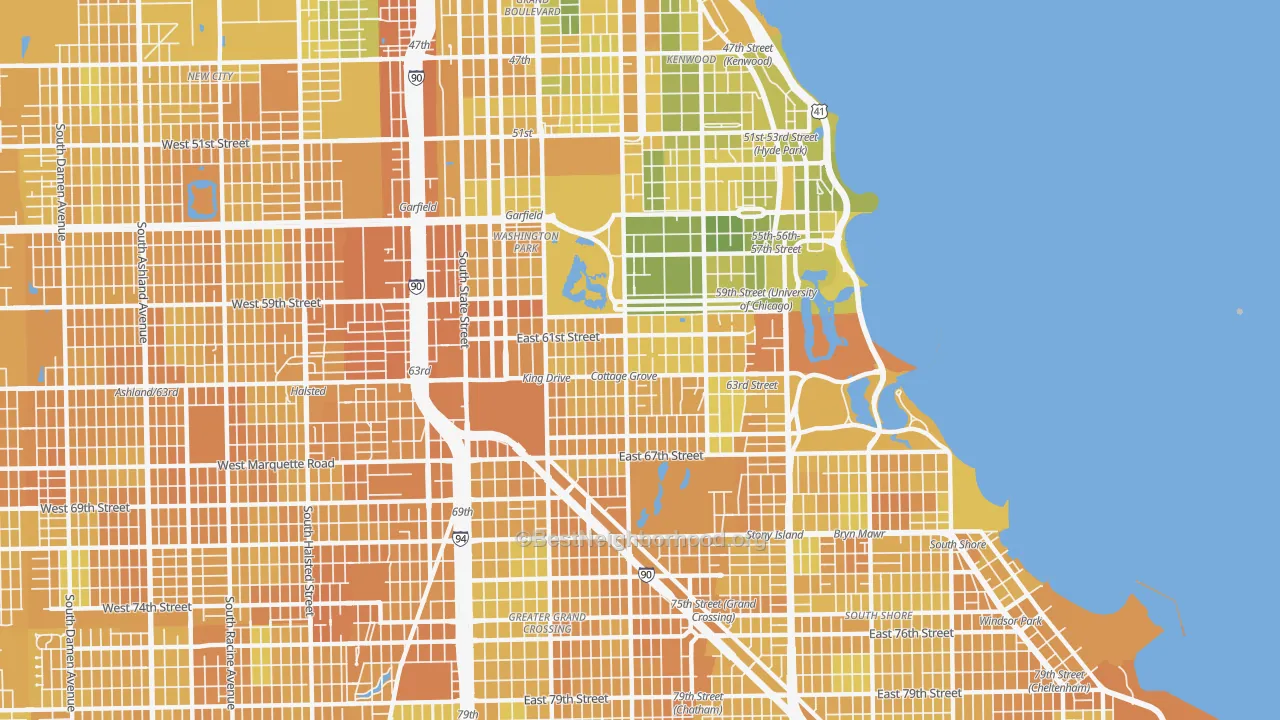 Map of the best neighborhoods in the 60637 area, with better matches in green and worse matches in red