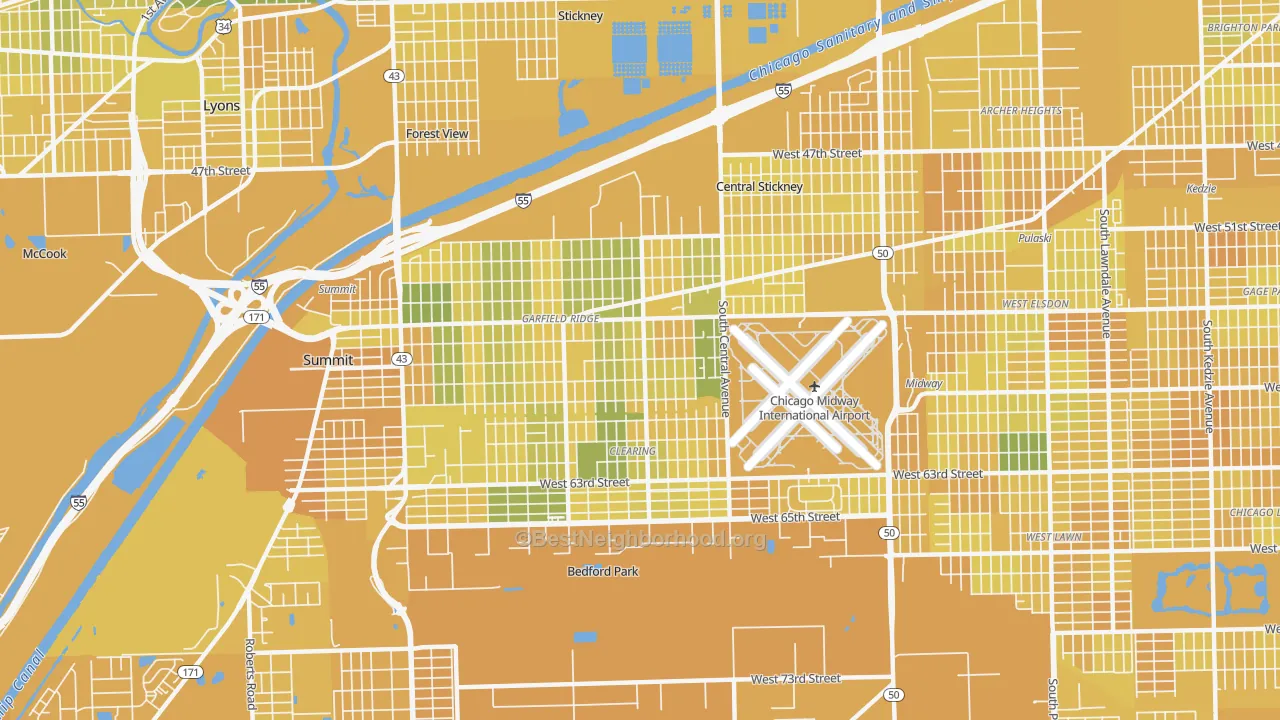 Map of the best neighborhoods in the 60638 area, with better matches in green and worse matches in red