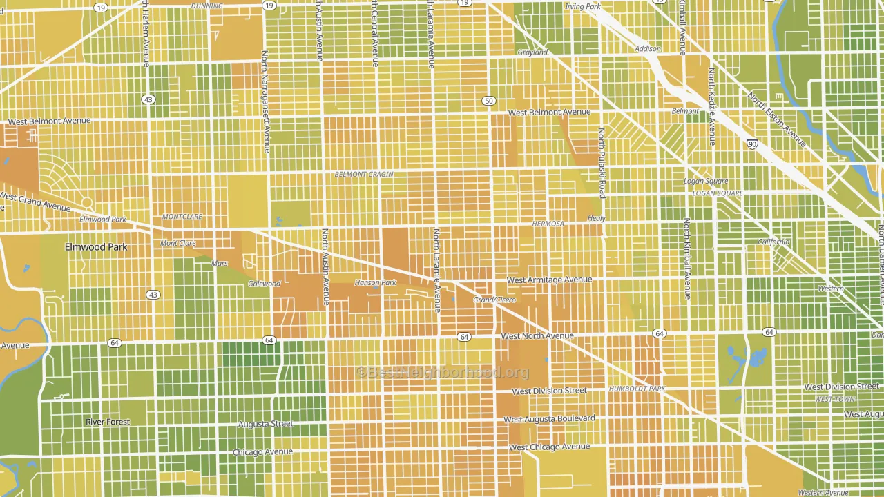 Map of the best neighborhoods in the 60639 area, with better matches in green and worse matches in red