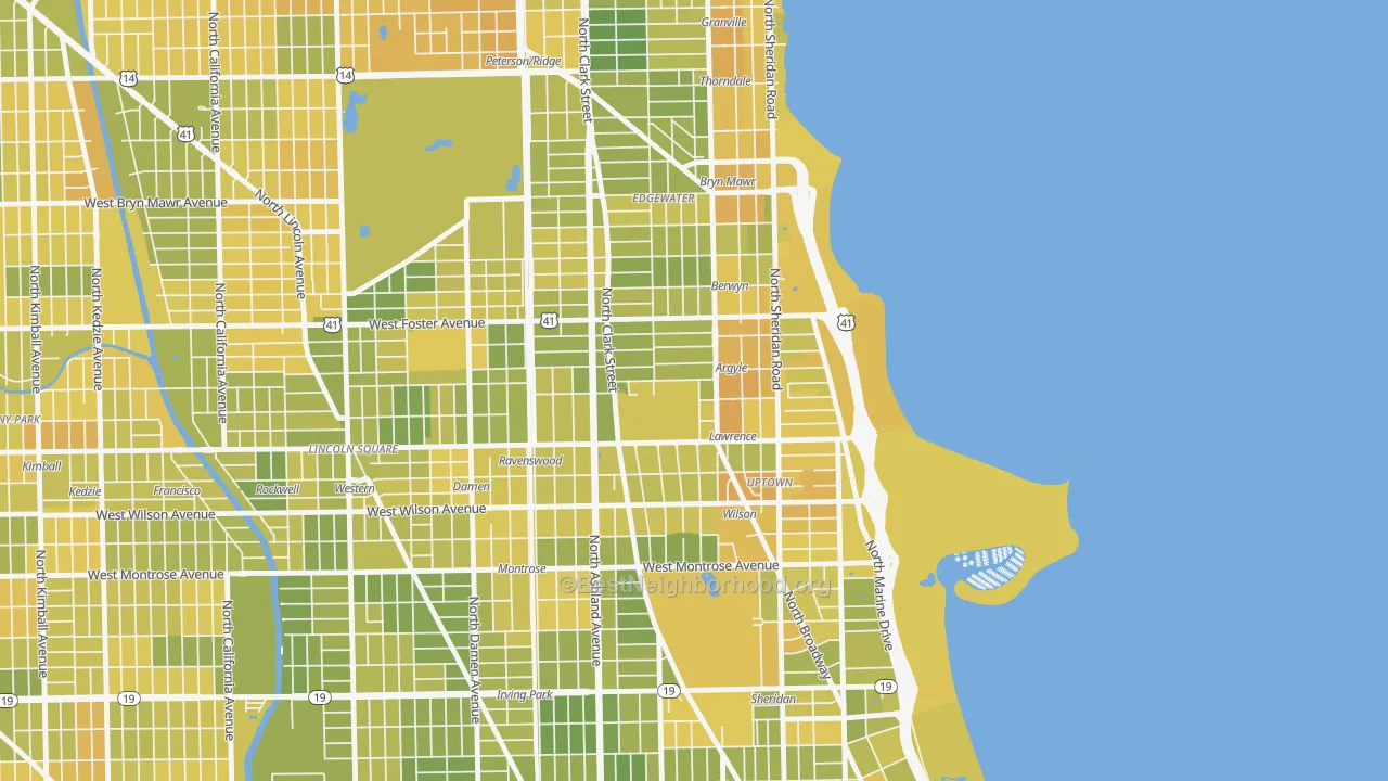 Map of the best neighborhoods in the 60640 area, with better matches in green and worse matches in red