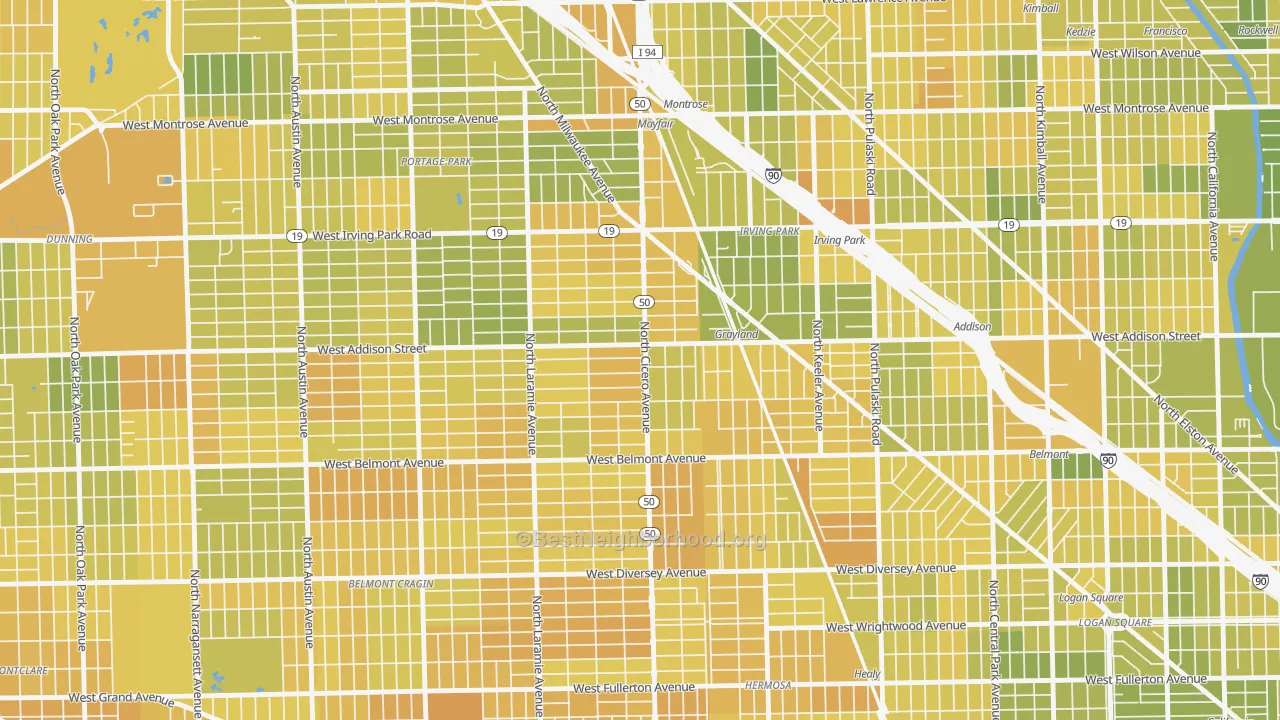Map of the best neighborhoods in the 60641 area, with better matches in green and worse matches in red