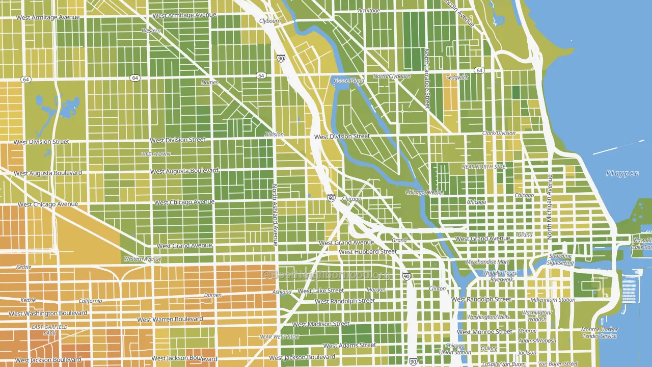 Map of the best neighborhoods in the 60642 area, with better matches in green and worse matches in red
