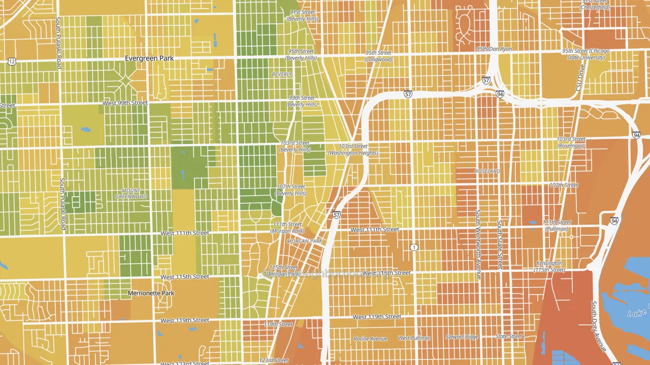 Map of the best neighborhoods in the 60643 area, with better matches in green and worse matches in red