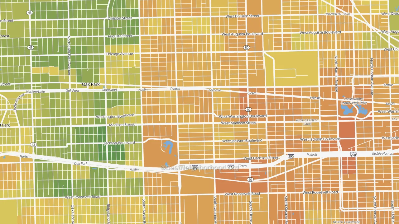 Map of the best neighborhoods in the 60644 area, with better matches in green and worse matches in red