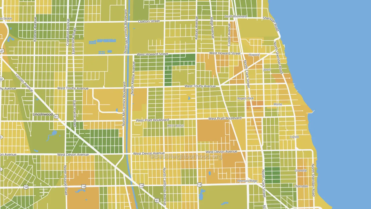 Map of the best neighborhoods in the 60645 area, with better matches in green and worse matches in red