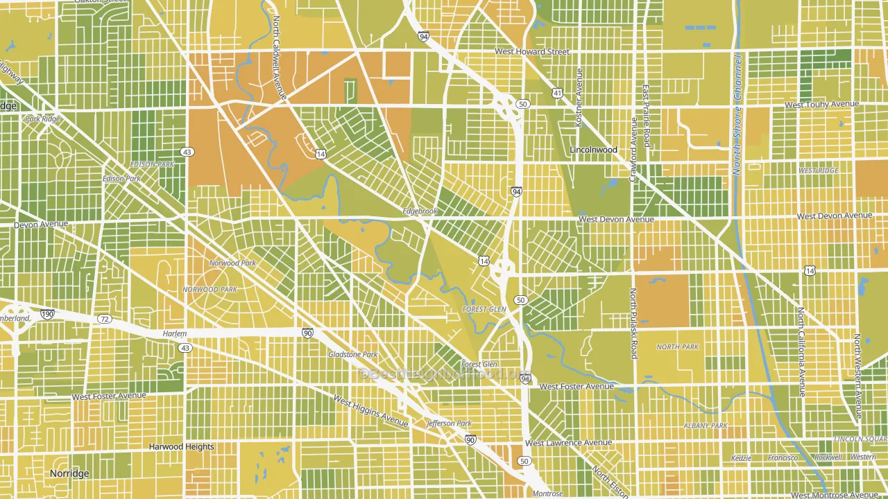 Map of the best neighborhoods in the 60646 area, with better matches in green and worse matches in red
