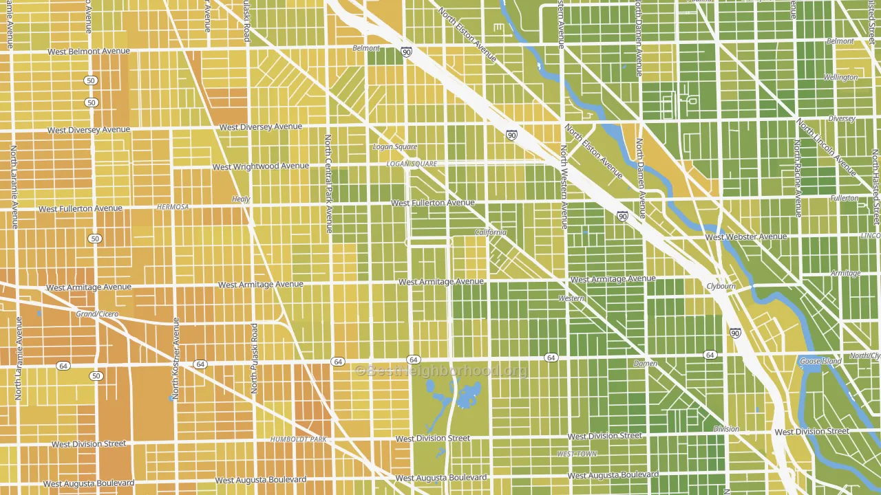 Map of the best neighborhoods in the 60647 area, with better matches in green and worse matches in red