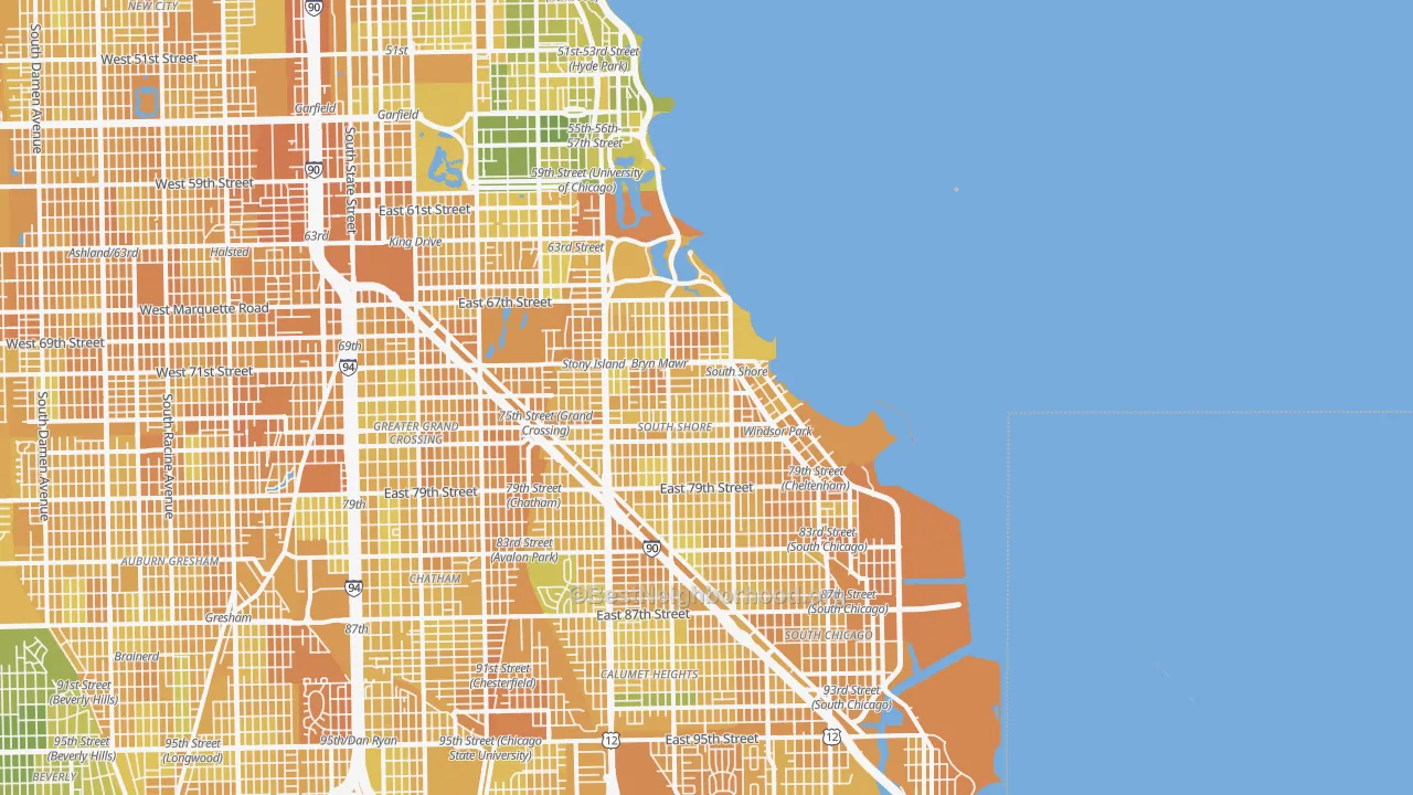 Map of the best neighborhoods in the 60649 area, with better matches in green and worse matches in red