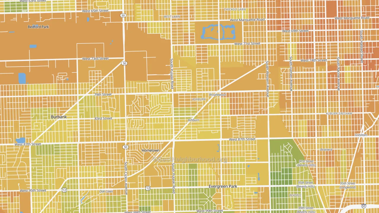 Map of the best neighborhoods in the 60652 area, with better matches in green and worse matches in red