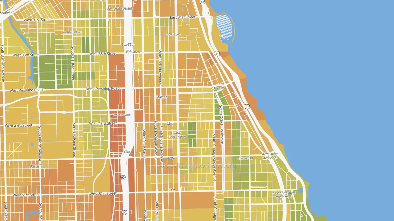 Map of the best neighborhoods in the 60653 area, with better matches in green and worse matches in red