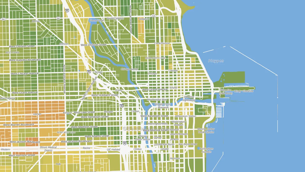 Map of the best neighborhoods in the 60654 area, with better matches in green and worse matches in red