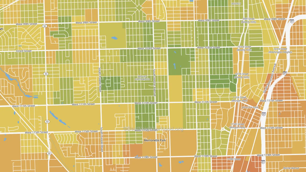 Map of the best neighborhoods in the 60655 area, with better matches in green and worse matches in red