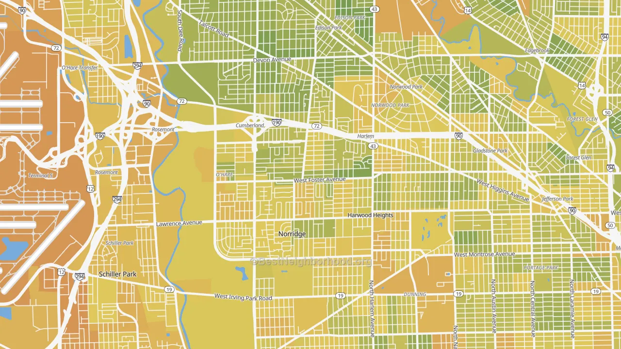 Map of the best neighborhoods in the 60656 area, with better matches in green and worse matches in red