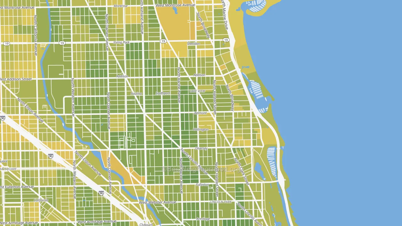 Map of the best neighborhoods in the 60657 area, with better matches in green and worse matches in red