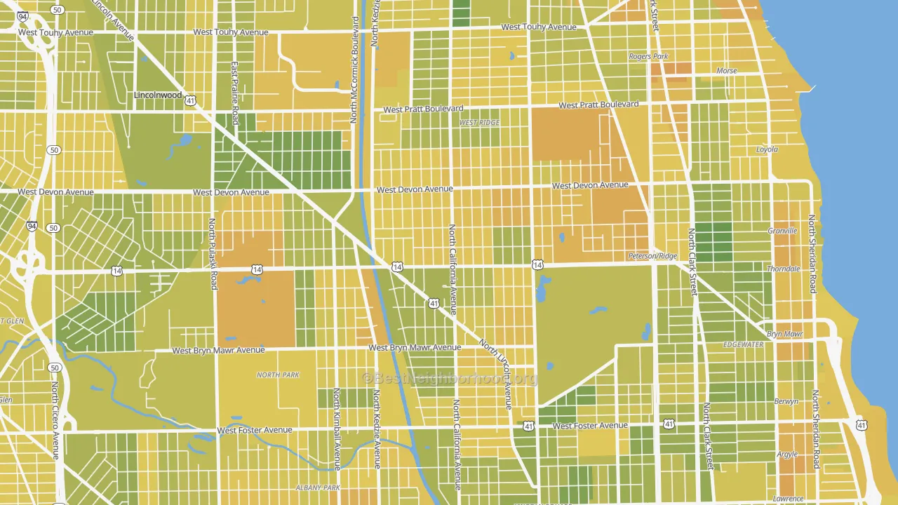 Map of the best neighborhoods in the 60659 area, with better matches in green and worse matches in red